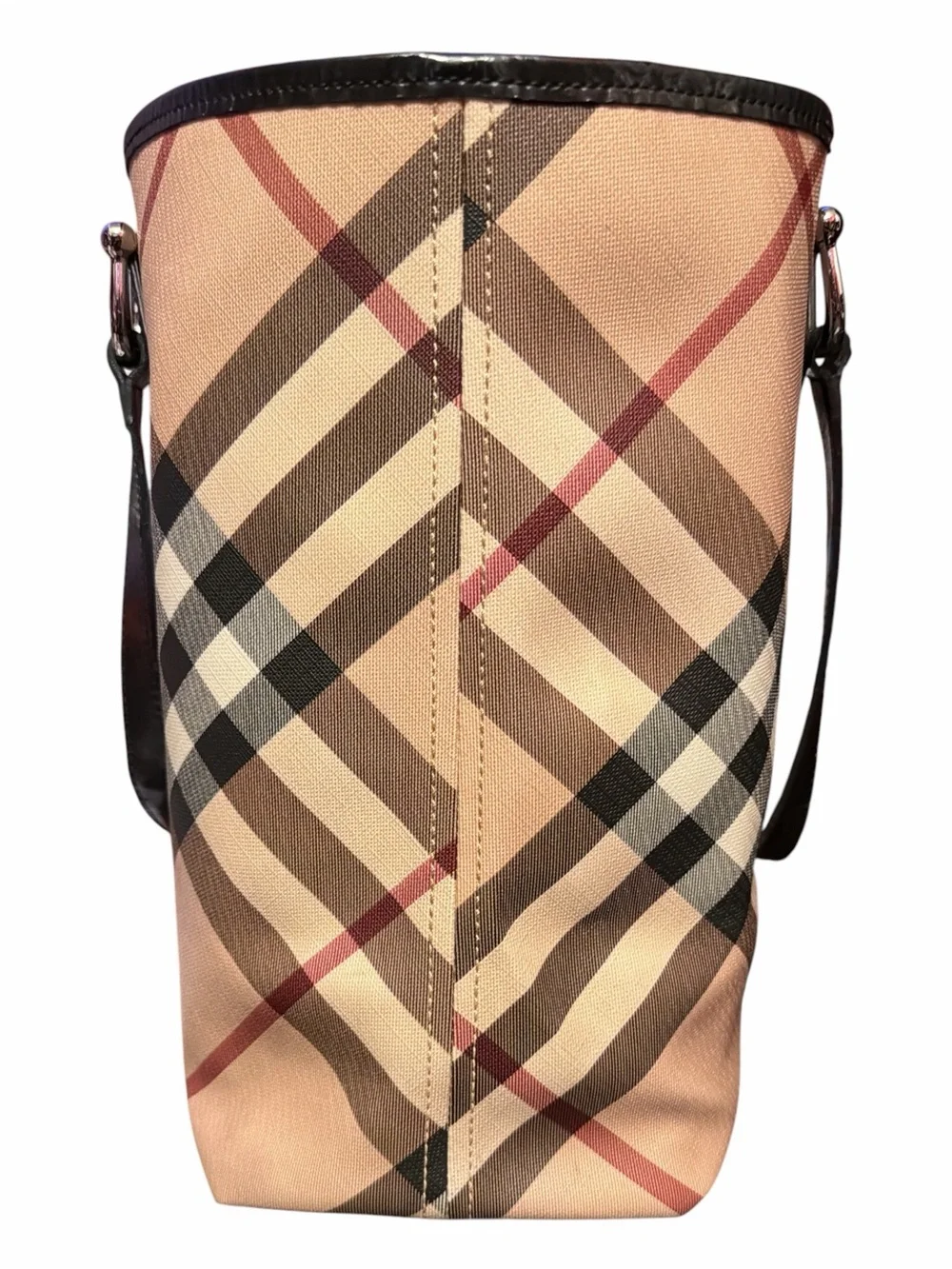 BURBERRY Haymarket Check Canvas & Black Leather Trim Tote Bag